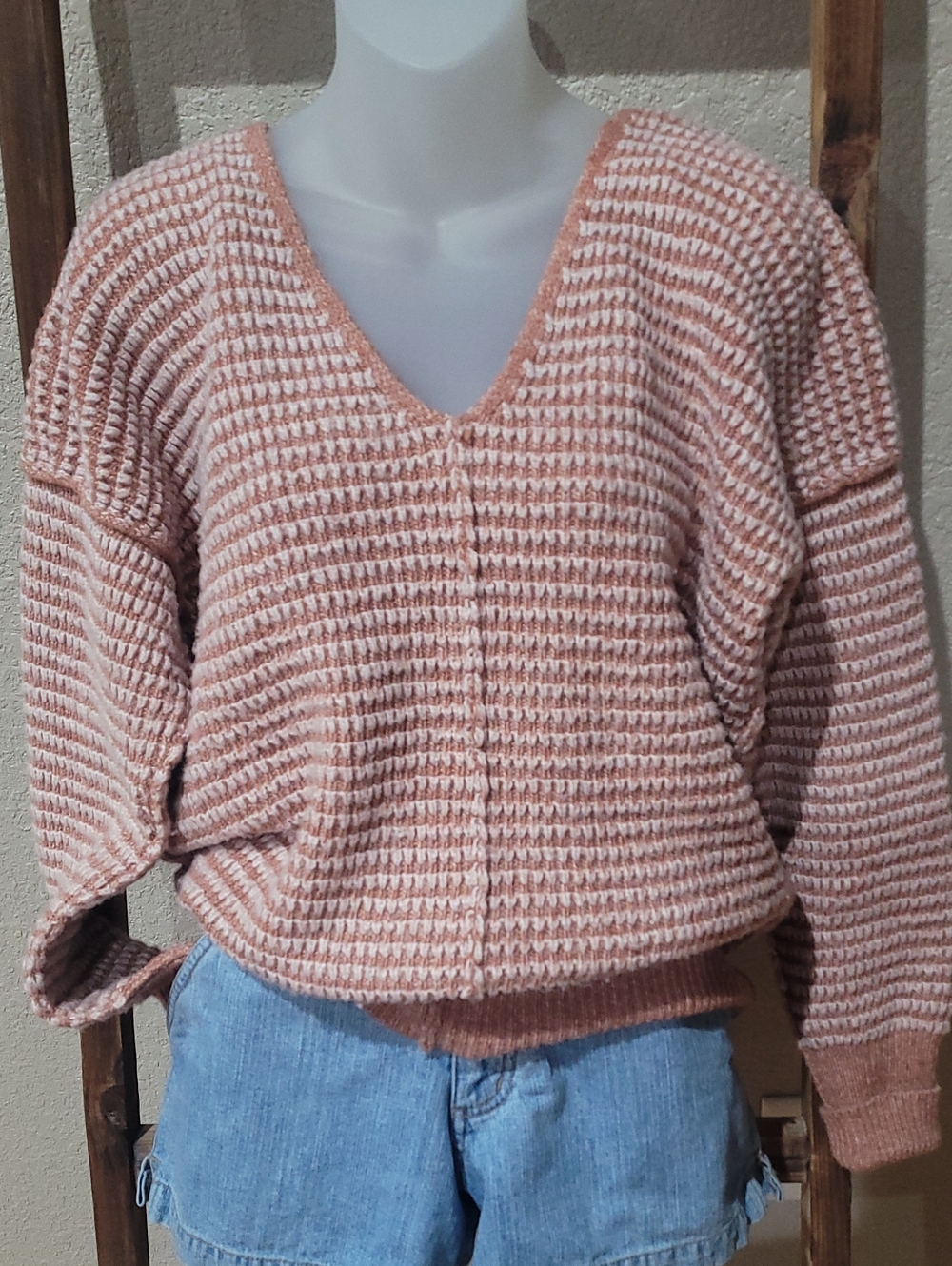 Daytrip Peach and White Striped V-Neck Sweater